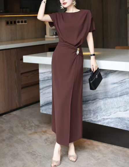 asymmetric draped midi dress with gold buckle – DRAPE