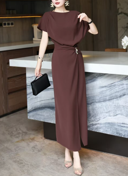 asymmetric draped midi dress with gold buckle – DRAPE