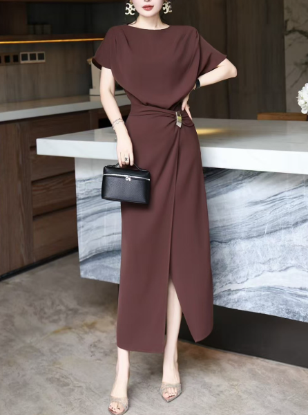 asymmetric draped midi dress with gold buckle – DRAPE