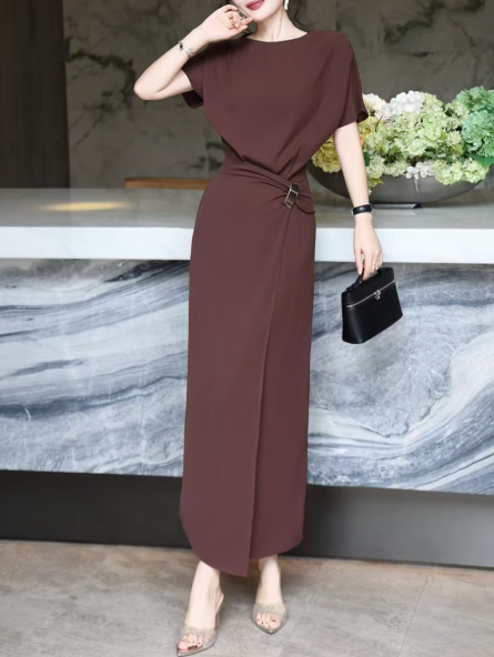 asymmetric draped midi dress with gold buckle – DRAPE