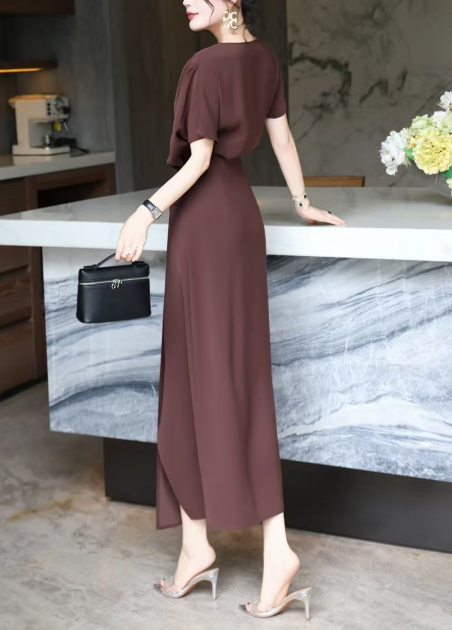 asymmetric draped midi dress with gold buckle – DRAPE