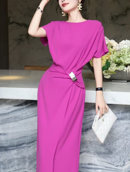 asymmetric draped midi dress with gold buckle – DRAPE