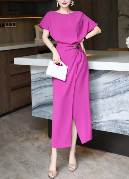 asymmetric draped midi dress with gold buckle – DRAPE