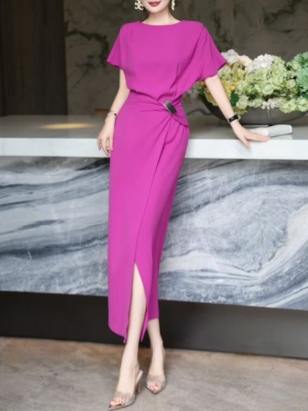 asymmetric draped midi dress with gold buckle – DRAPE