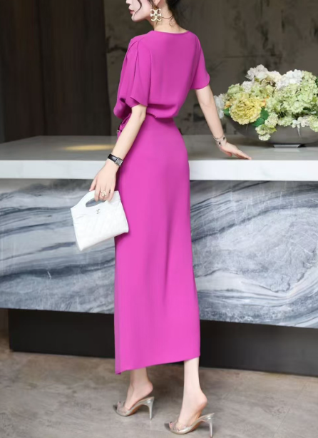 asymmetric draped midi dress with gold buckle – DRAPE