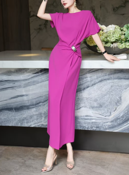 asymmetric draped midi dress with gold buckle – DRAPE