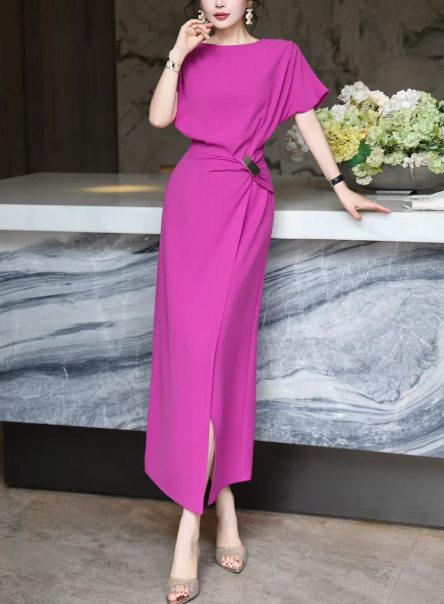 asymmetric draped midi dress with gold buckle – DRAPE