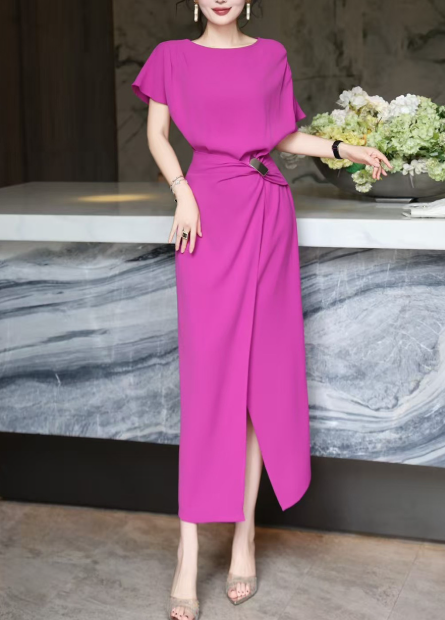 asymmetric draped midi dress with gold buckle – DRAPE