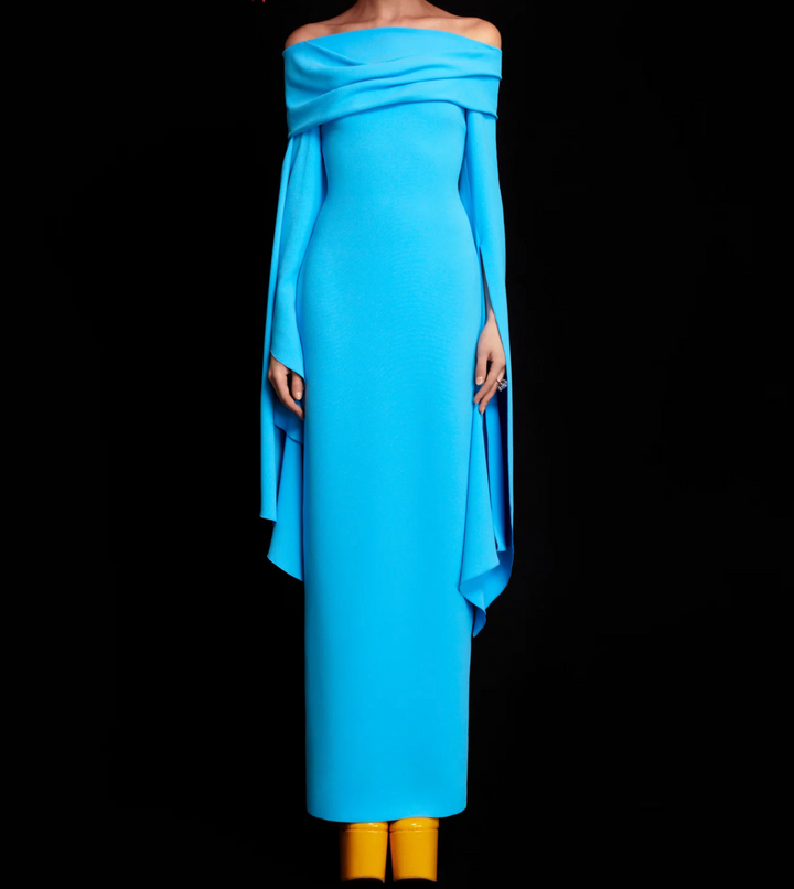 فستان عمودي مكشوف الكتفين بأكمام متتالية - أزرق سماوي