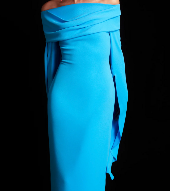 فستان عمودي مكشوف الكتفين بأكمام متتالية - أزرق سماوي