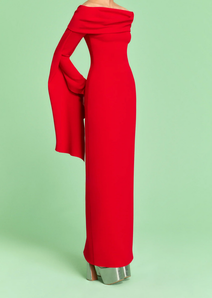 draped off-shoulder column gown with fluid sleeve – SCARLETTA