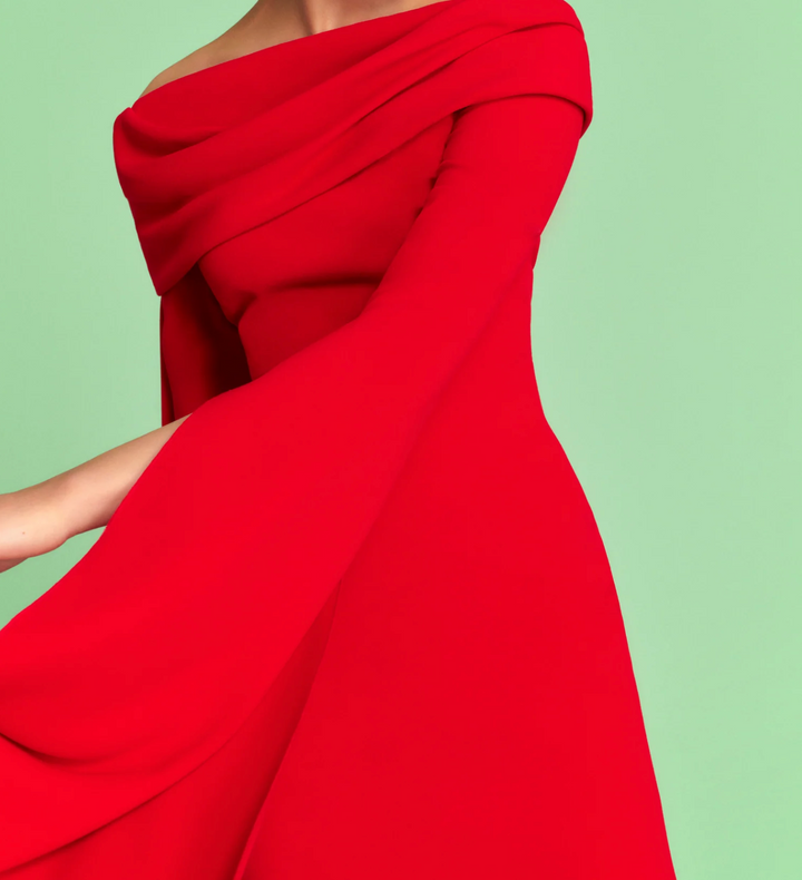 draped off-shoulder column gown with fluid sleeve – SCARLETTA