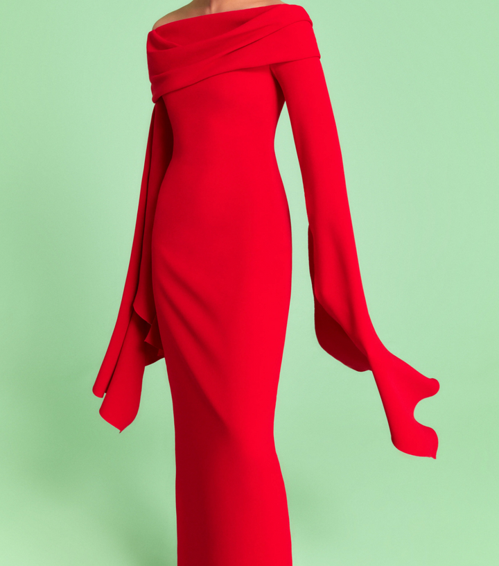 draped off-shoulder column gown with fluid sleeve – SCARLETTA