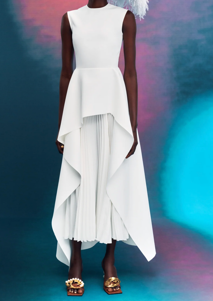 sleeveless peplum dress with layered pleated skirt – MARIGOLD