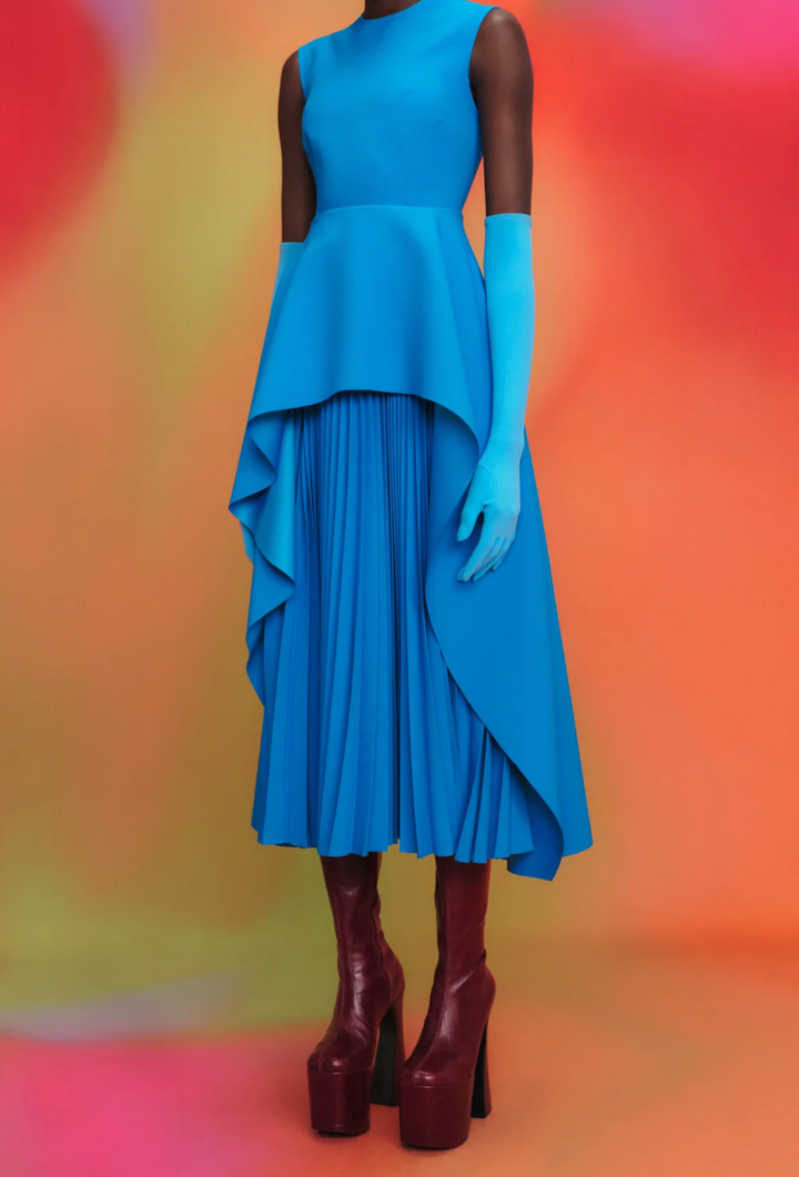 sleeveless peplum dress with layered pleated skirt – MARIGOLD