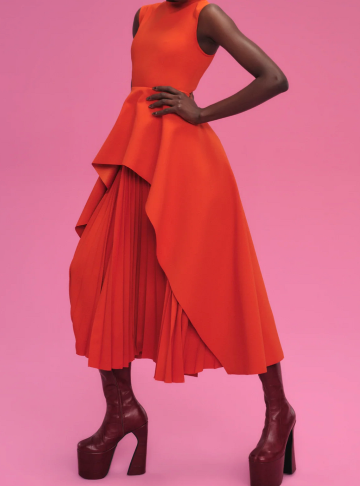 sleeveless peplum dress with layered pleated skirt – MARIGOLD