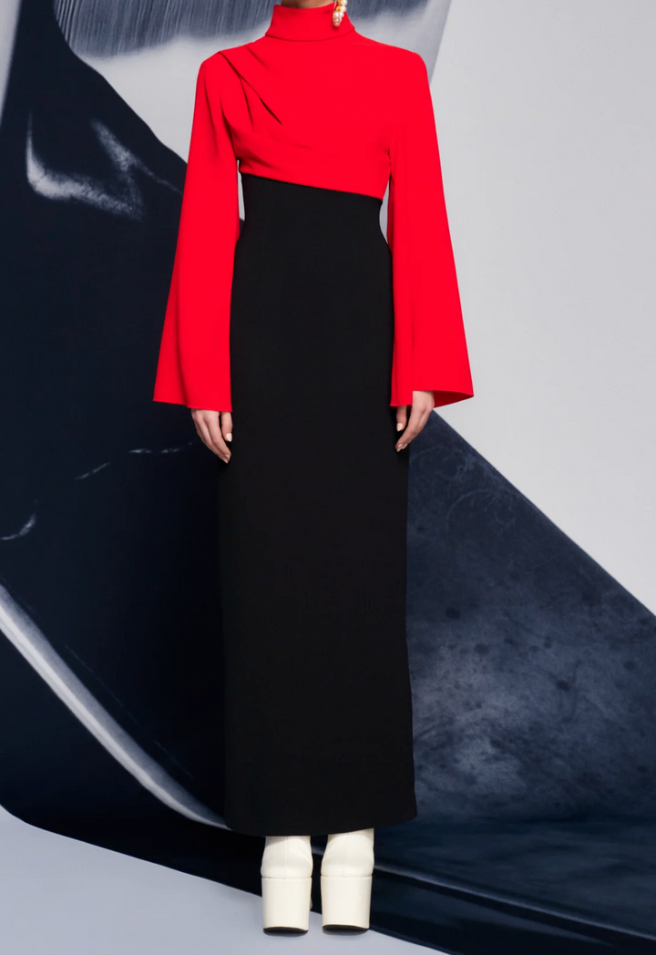 draped high-neck bi-tone column gown – NOIRÉ