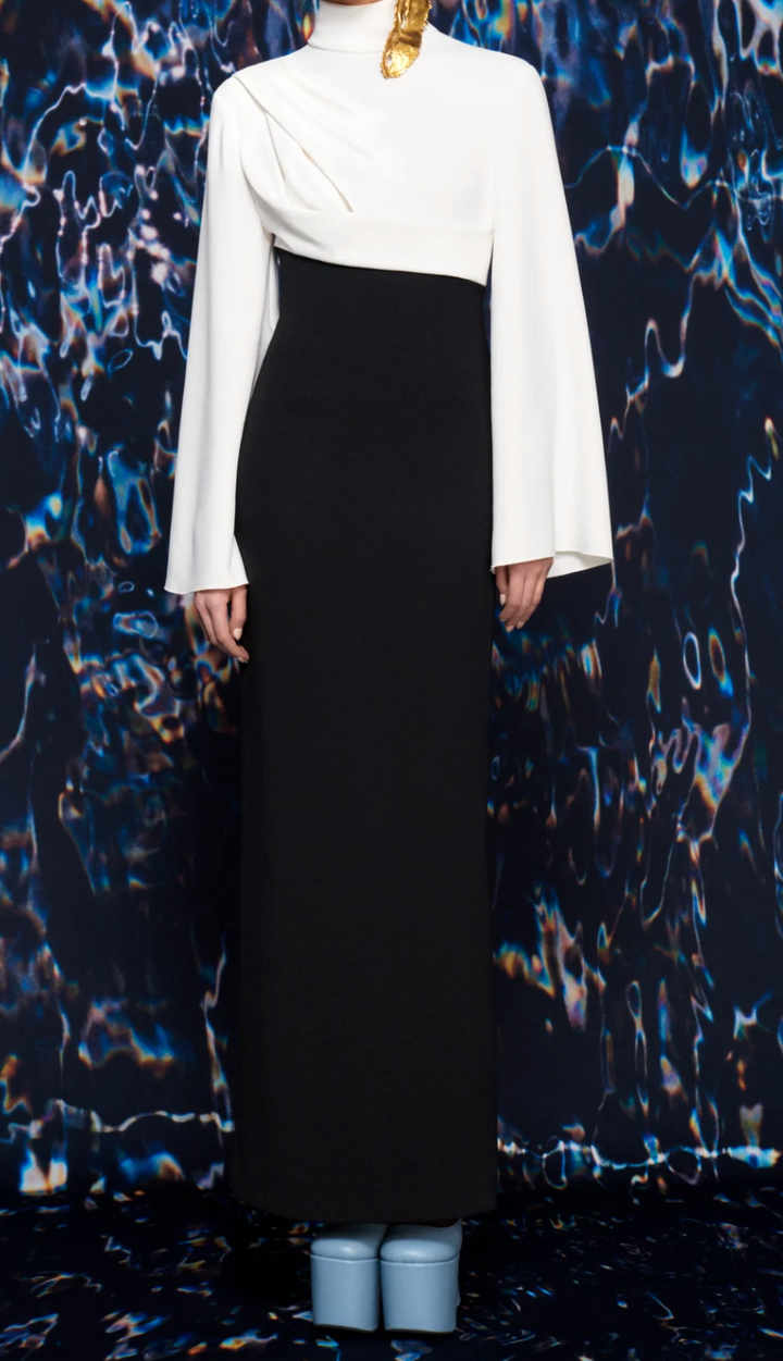 draped high-neck bi-tone column gown – NOIRÉ