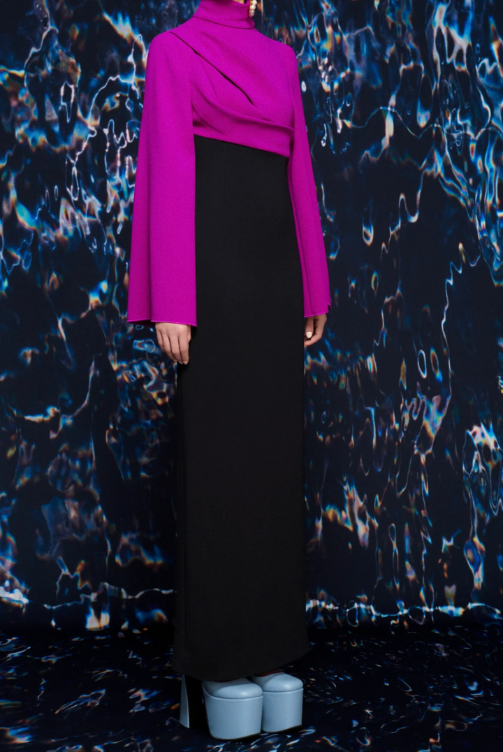 draped high-neck bi-tone column gown – NOIRÉ