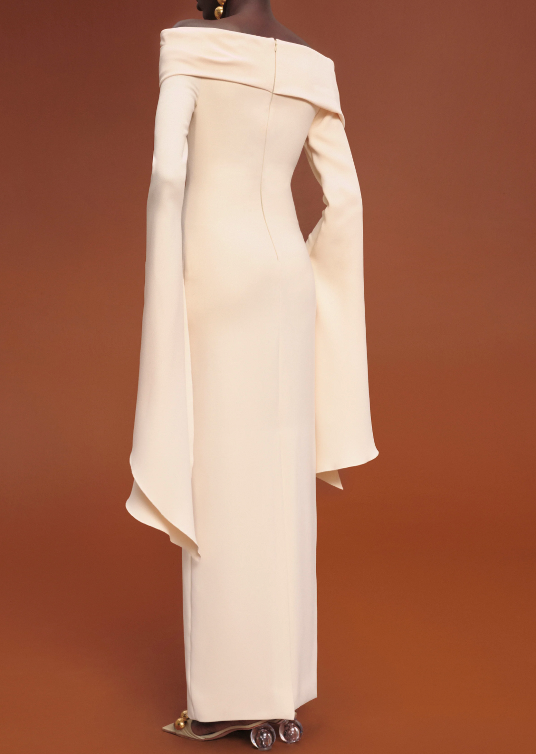 draped off-shoulder column gown with cascading sleeves – CREMA