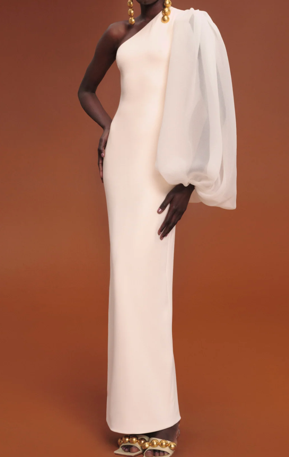 one-shoulder chiffon-sleeve column gown – NOIRM