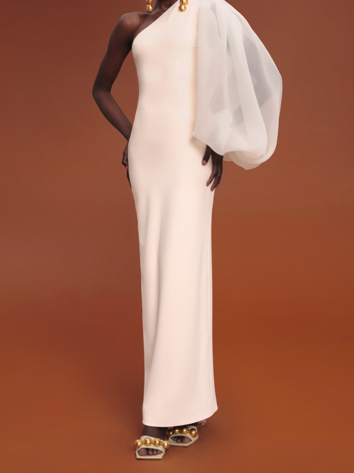 one-shoulder chiffon-sleeve column gown – NOIRM