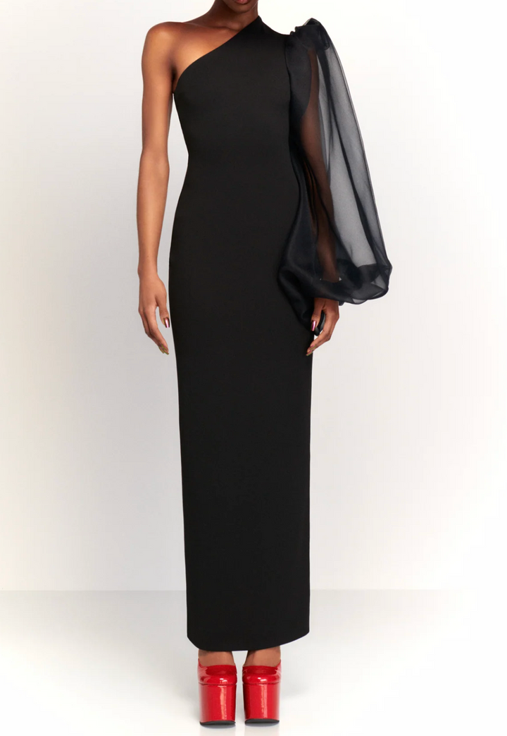one-shoulder chiffon-sleeve column gown – NOIRM