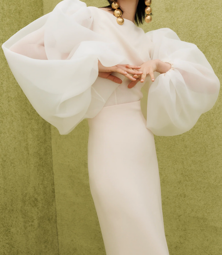 sheer balloon-sleeve fitted column gown – NOIRA