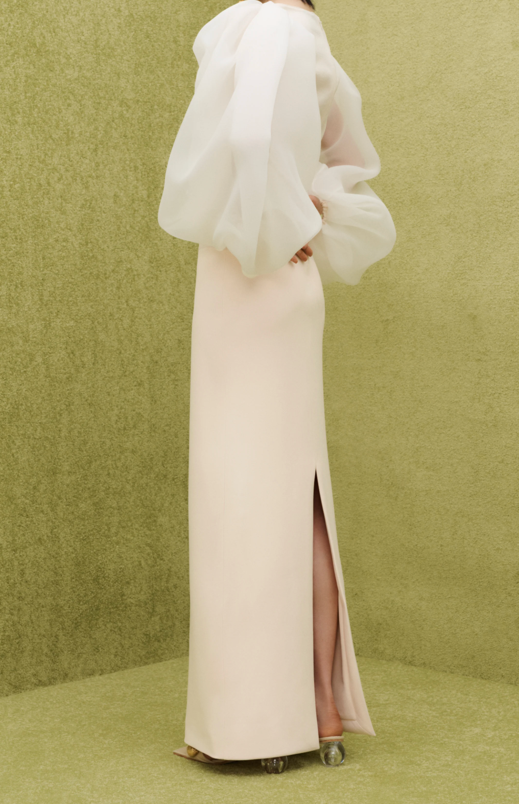 sheer balloon-sleeve fitted column gown – NOIRA