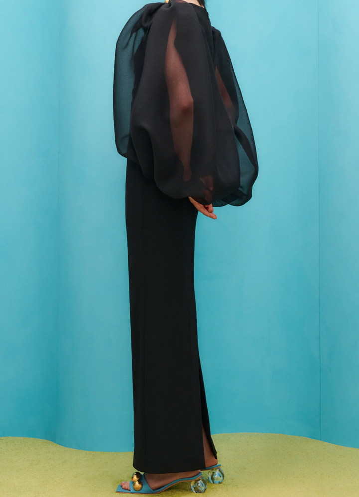 sheer balloon-sleeve fitted column gown – NOIRA