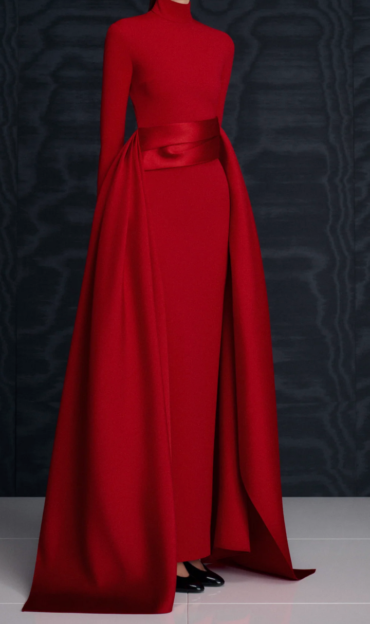 high-neck gown with sculpted satin waist drape – OLIVEH
