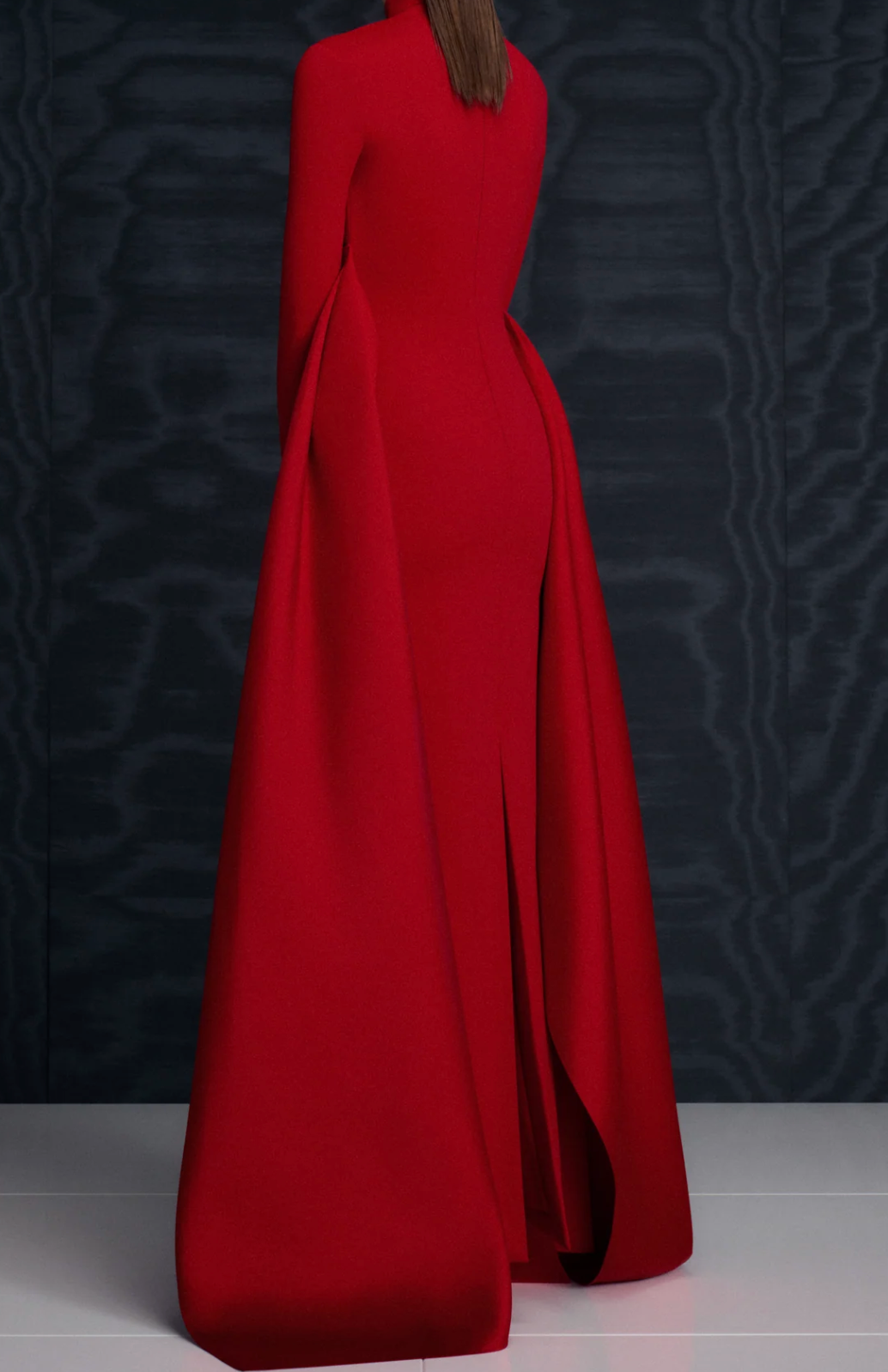 high-neck gown with sculpted satin waist drape – OLIVEH