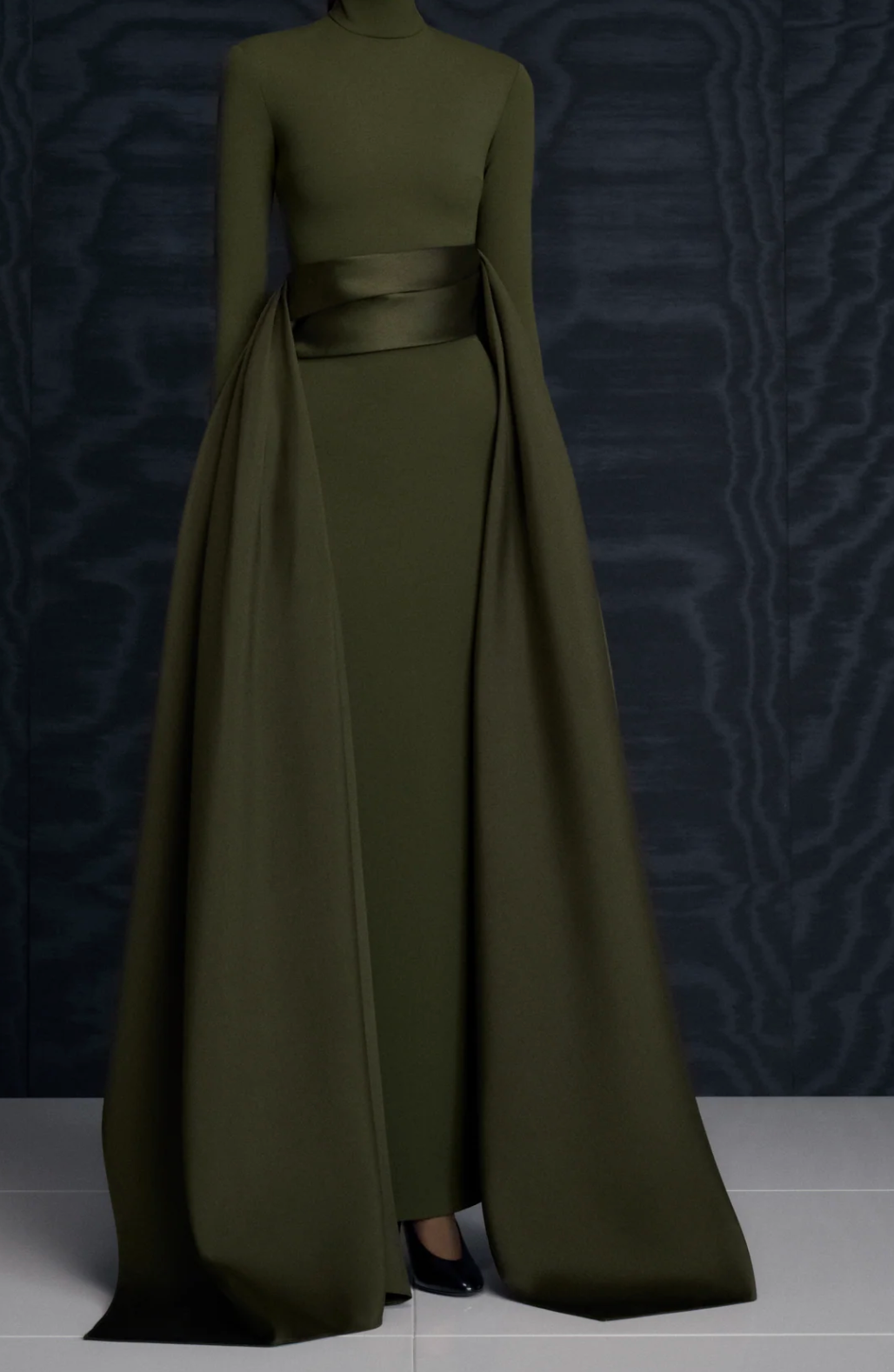 high-neck gown with sculpted satin waist drape – OLIVEH