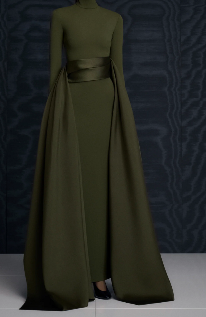 high-neck gown with sculpted satin waist drape – OLIVEH