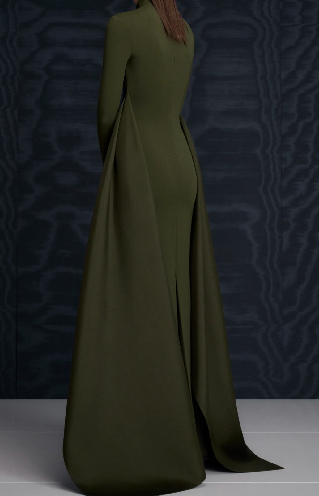 high-neck gown with sculpted satin waist drape – OLIVEH