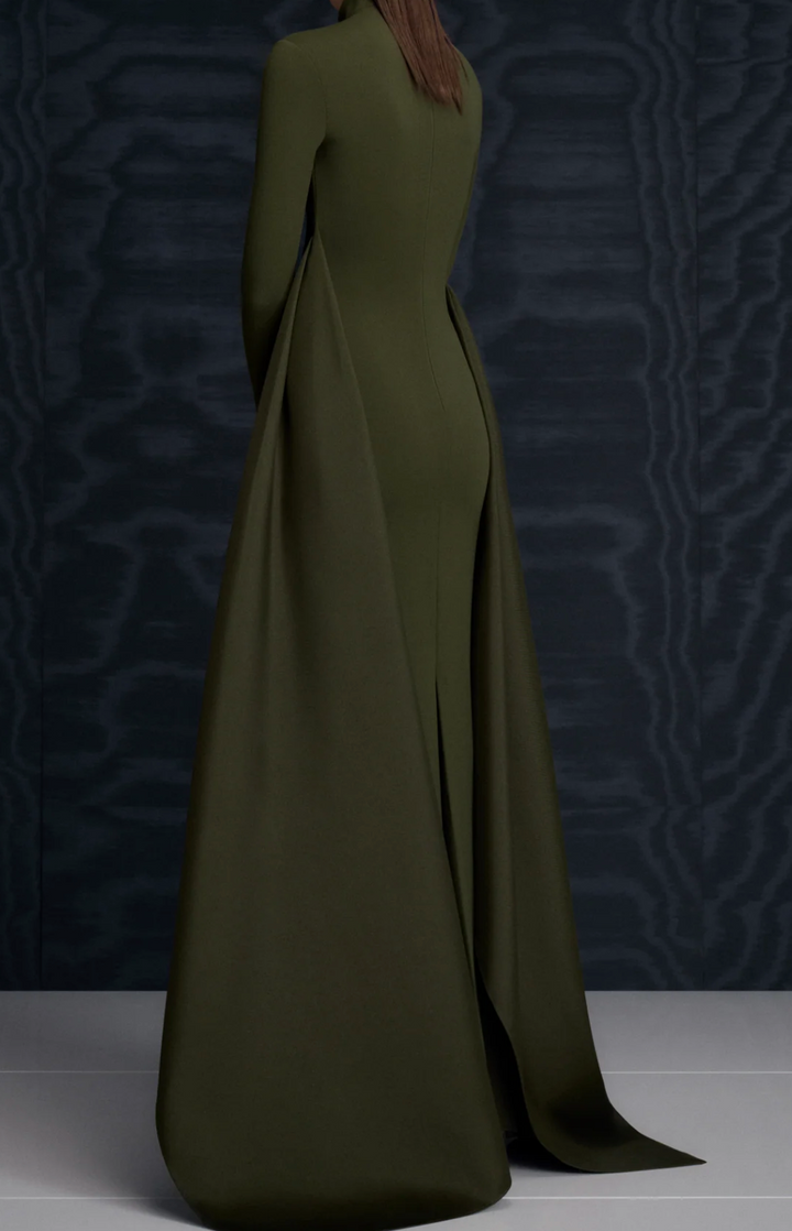 high-neck gown with sculpted satin waist drape – OLIVEH