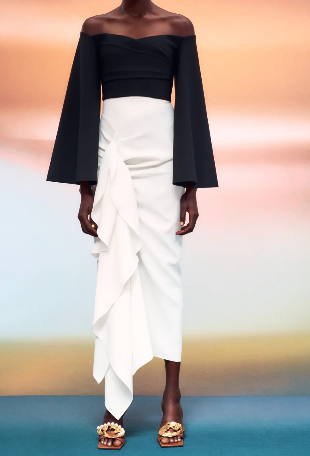 long-sleeve draped midi dress with cascading ruffle – SOLARA