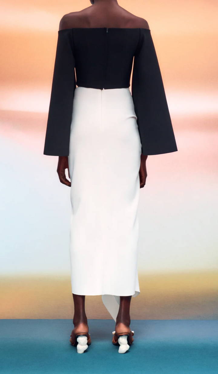 long-sleeve draped midi dress with cascading ruffle – SOLARA