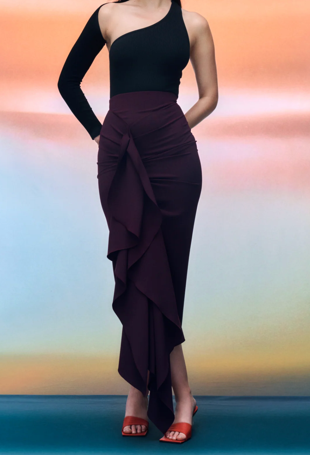 long-sleeve draped midi dress with cascading ruffle – SOLARA