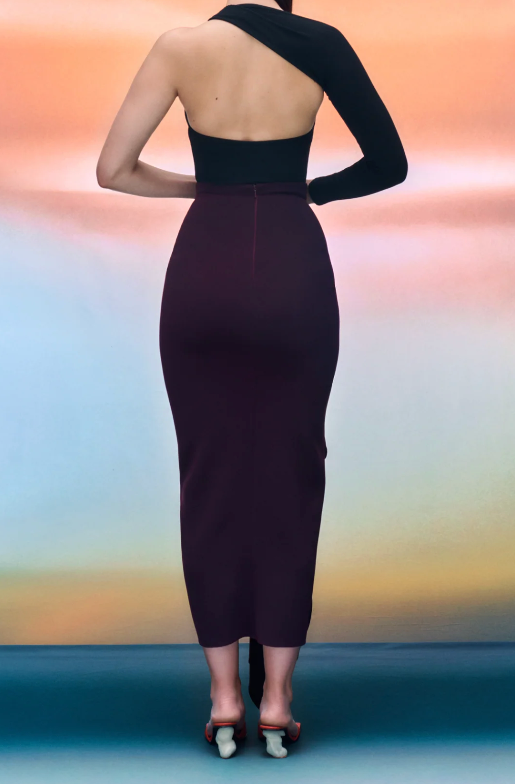 long-sleeve draped midi dress with cascading ruffle – SOLARA