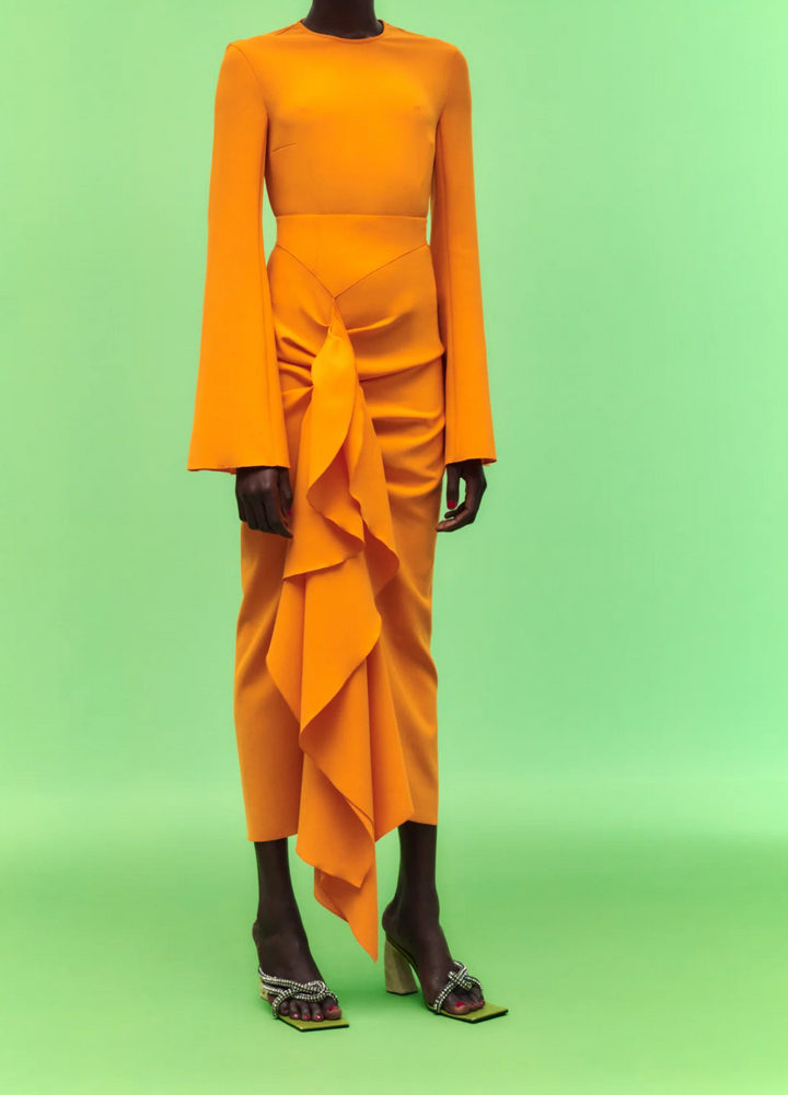 long-sleeve draped midi dress with cascading ruffle – SOLARA