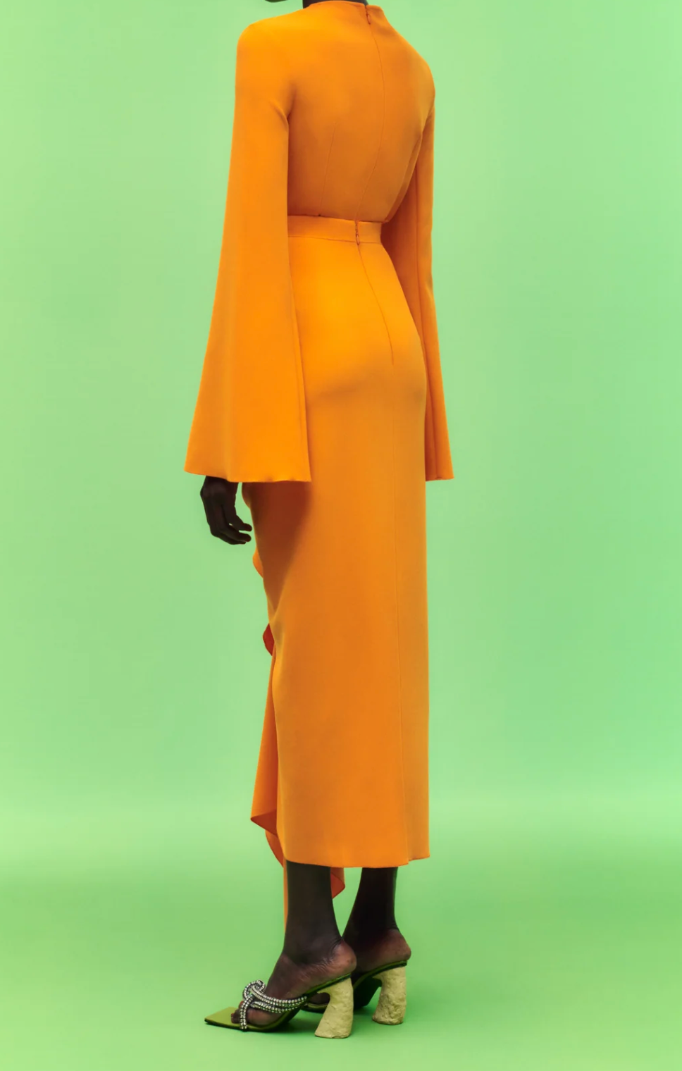 long-sleeve draped midi dress with cascading ruffle – SOLARA