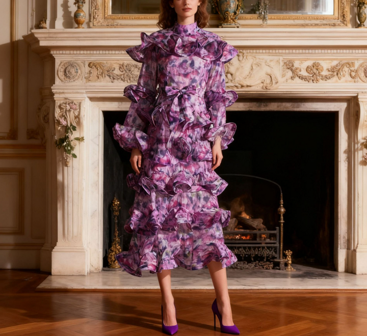 printed ruffle-tier midi dress with high neckline – AMARÉ