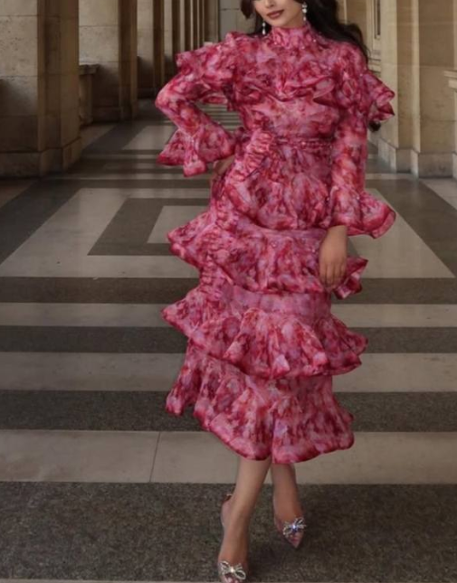 printed ruffle-tier midi dress with high neckline – AMARÉ