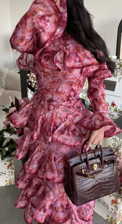 printed ruffle-tier midi dress with high neckline – AMARÉ