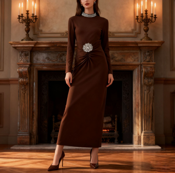 long-sleeve embellished draped midi dress – AURELIA