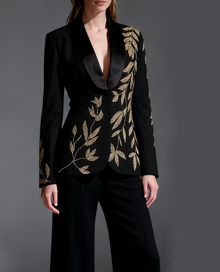 embellished satin-lapel blazer with gold leaf embroidery – AURELIA