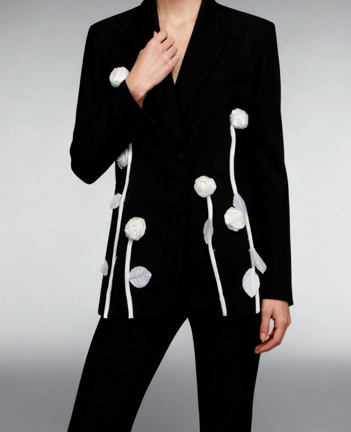 floral appliqué tailored blazer with 3D roses – NOIRB