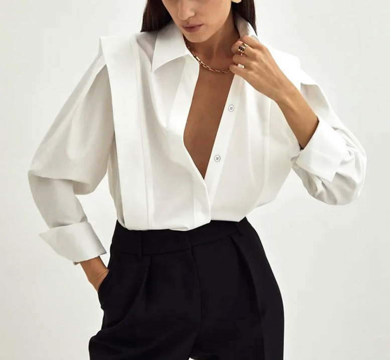 structured asymmetric shirt with deep V placket – NOIRÉ