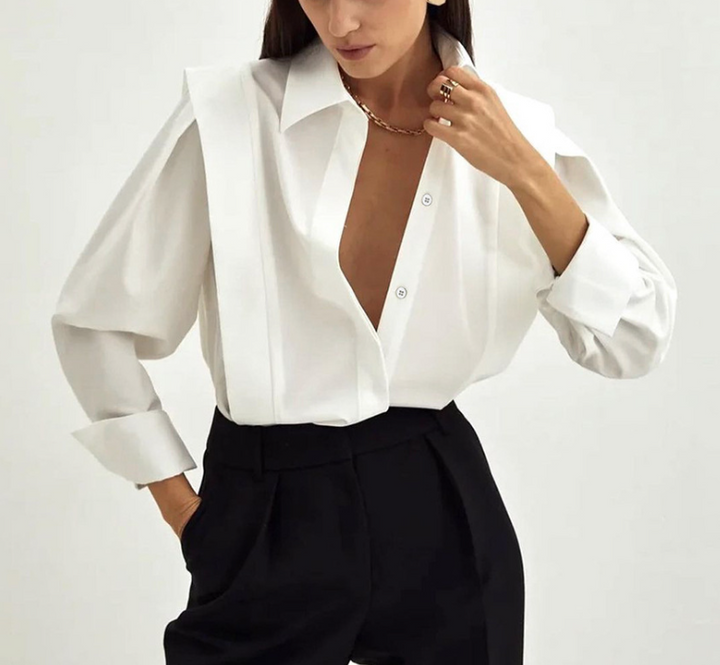 structured asymmetric shirt with deep V placket – NOIRÉ